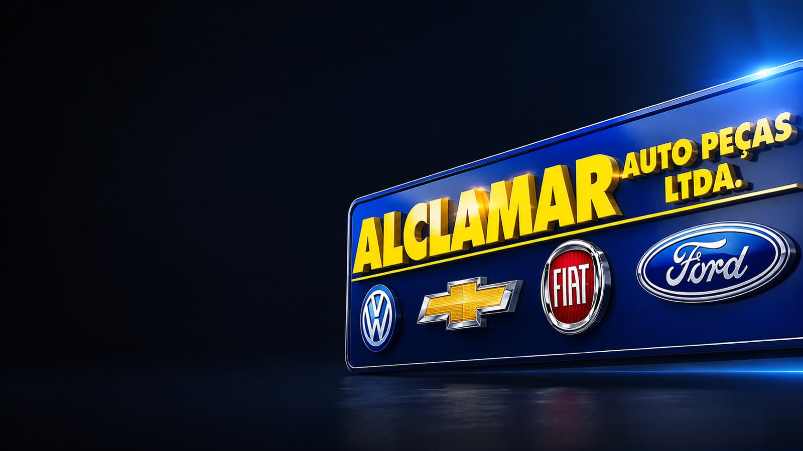 Letreiro ALCLAMAR Auto Peças Ltda iluminado, com marcas Volkswagen, Chevrolet, Fiat e Ford